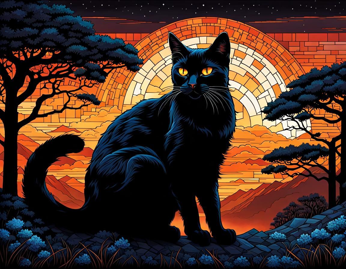Black Cat Portrait in Mosaic Landscape