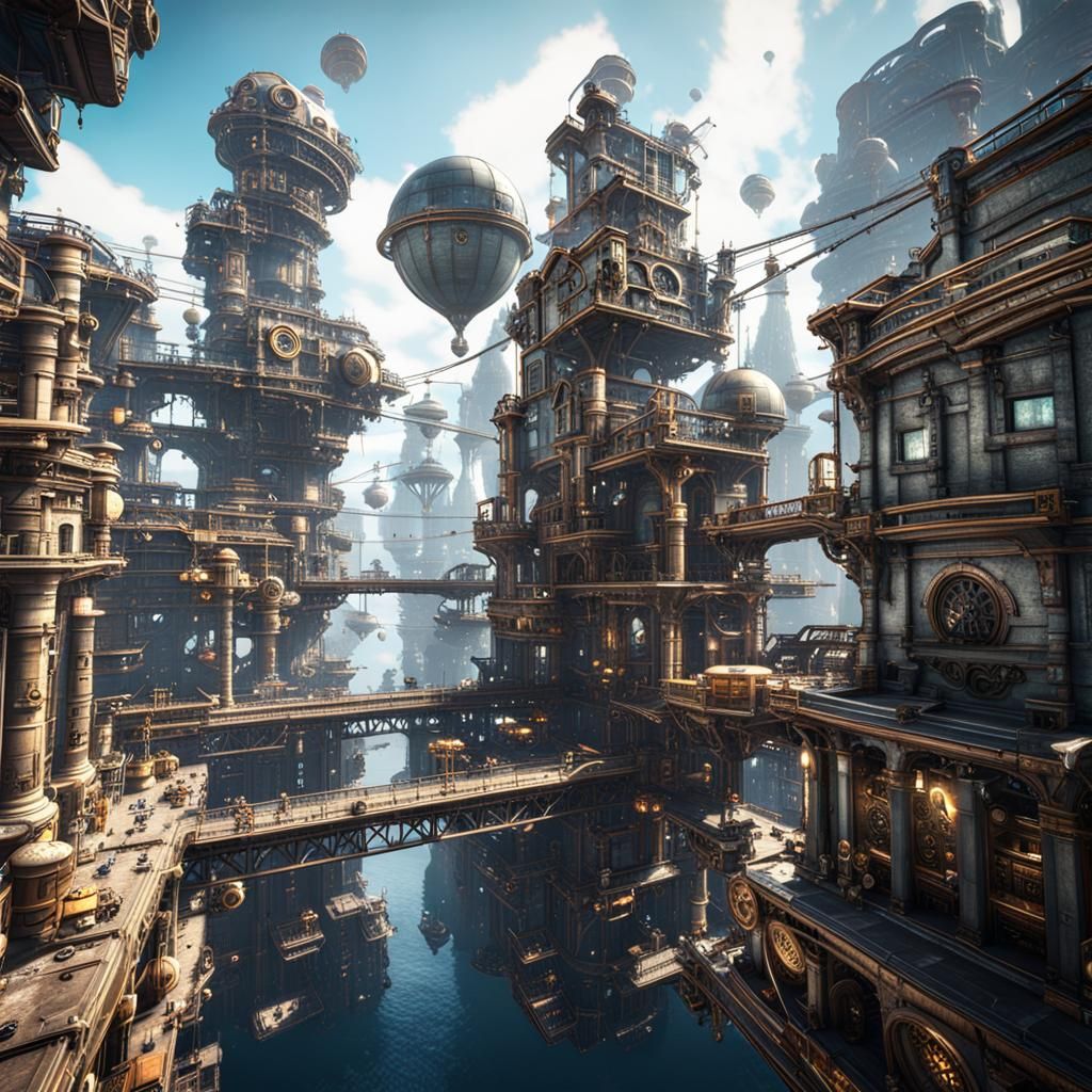 Steampunk Anti-Gravity City in 3D Cinematic Style