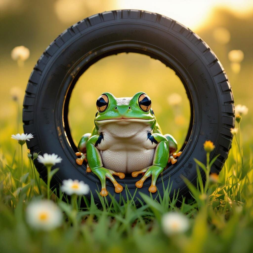 Whimsical Frog in Vintage Tire, Golden Hour Meadow