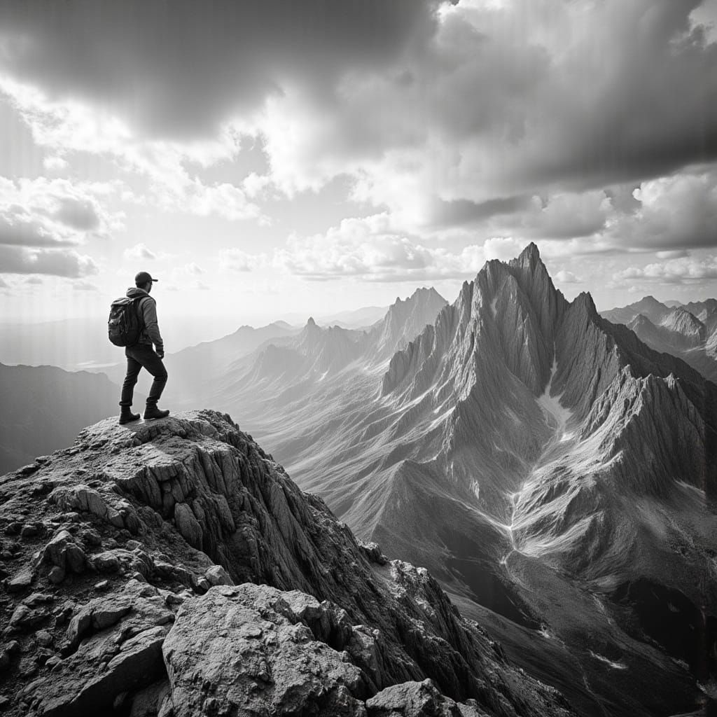 Lone Explorer on Mountain Peak in Dramatic Black and White