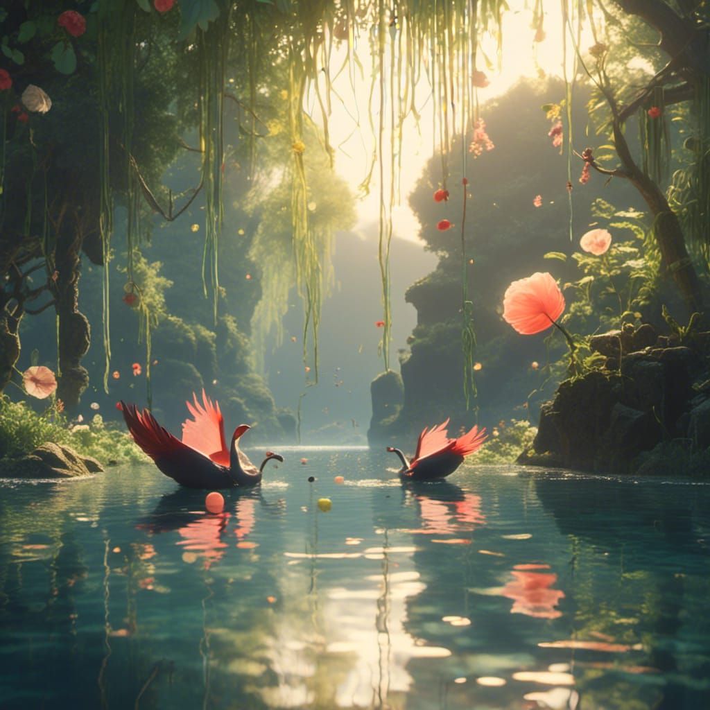 Anime Swans Play in Pond, Studio Ghibli Style