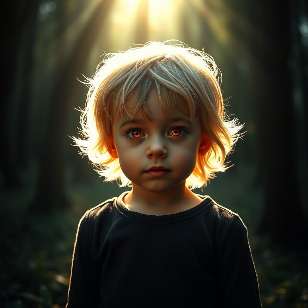 Child with Fiery Eyes in Dark Forest, Murraypunk Style