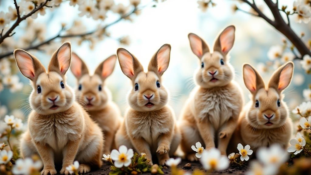 Adorable group of rabbits looking down into the camera,