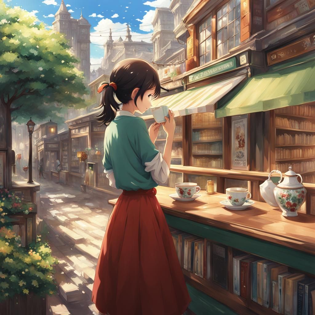 Anime Style: Woman Reading in Bookstore Cafe