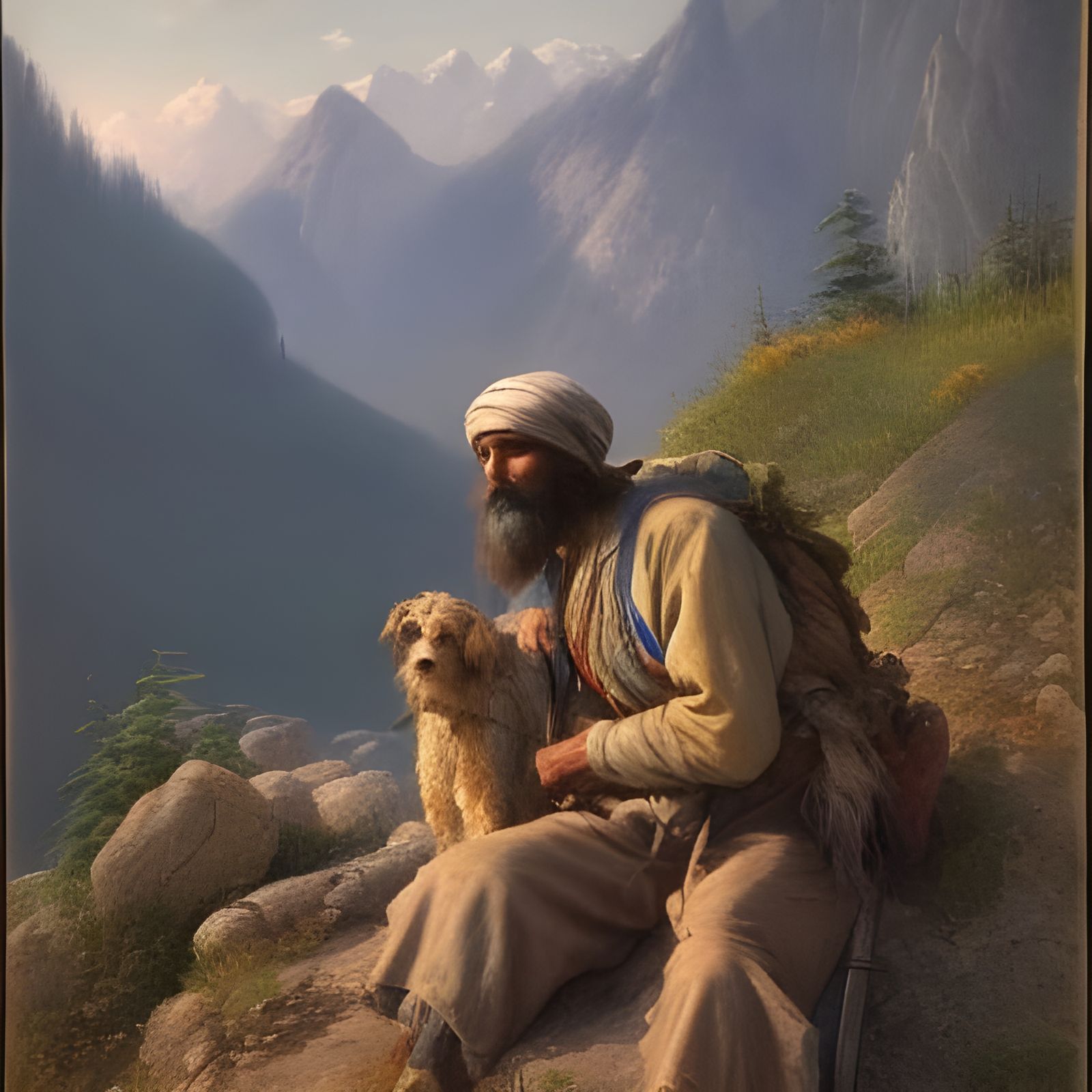 Mountain Man and Dog at Sunrise: Watercolor Art