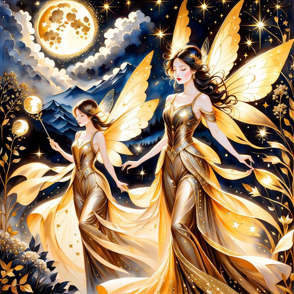Ethereal Fairies in Moonlit Gold: Abstract Watercolor Art