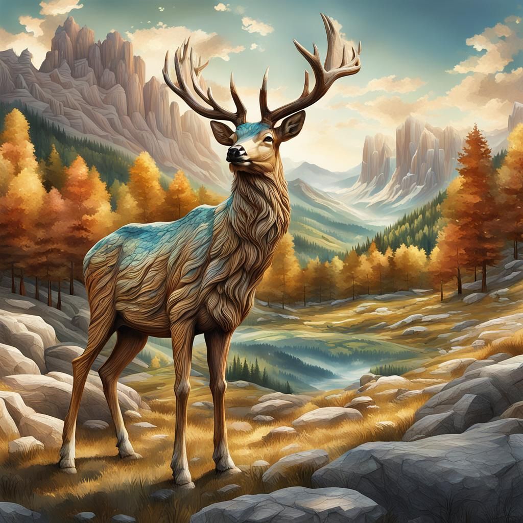 Giant Wooden Deer in Alpine Landscape, Detailed Matte Painti...