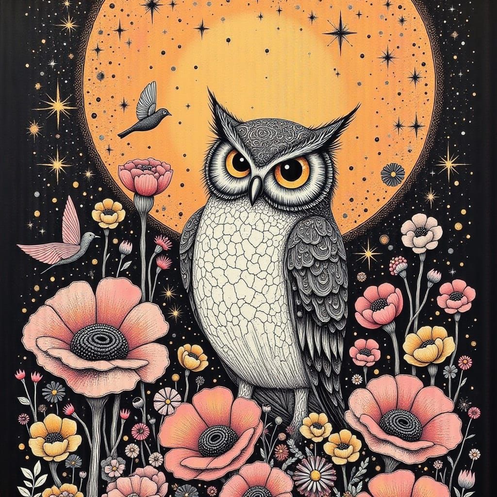 Whimsical Owl in a Romantic Floral Scene