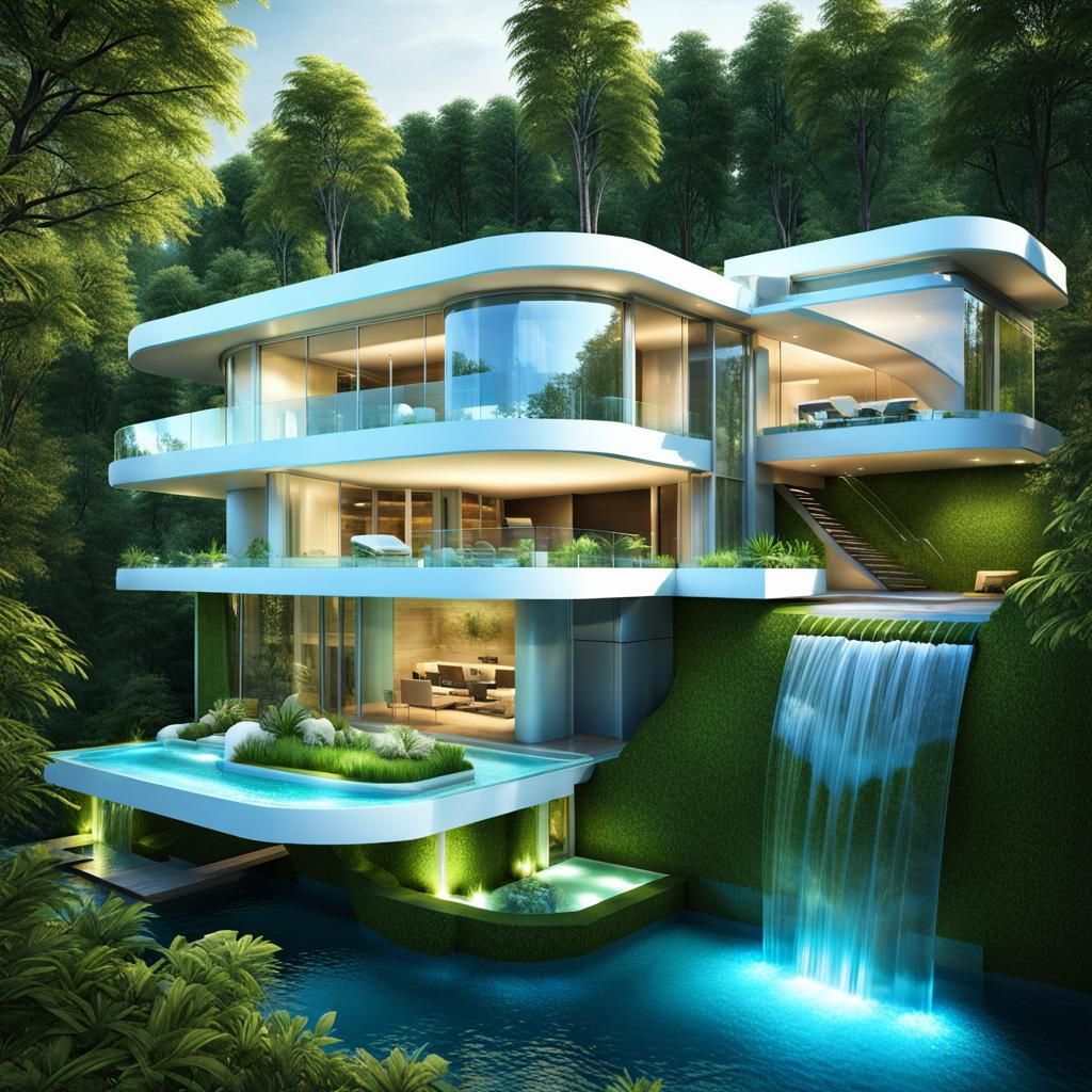 Futuristic Eco-Friendly Dream House with Waterfall
