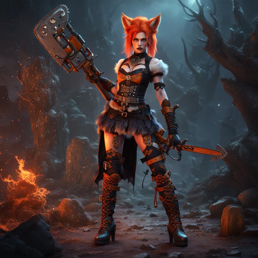 Kitsune Barbarian with Chainsaw in Detailed Matte Painting