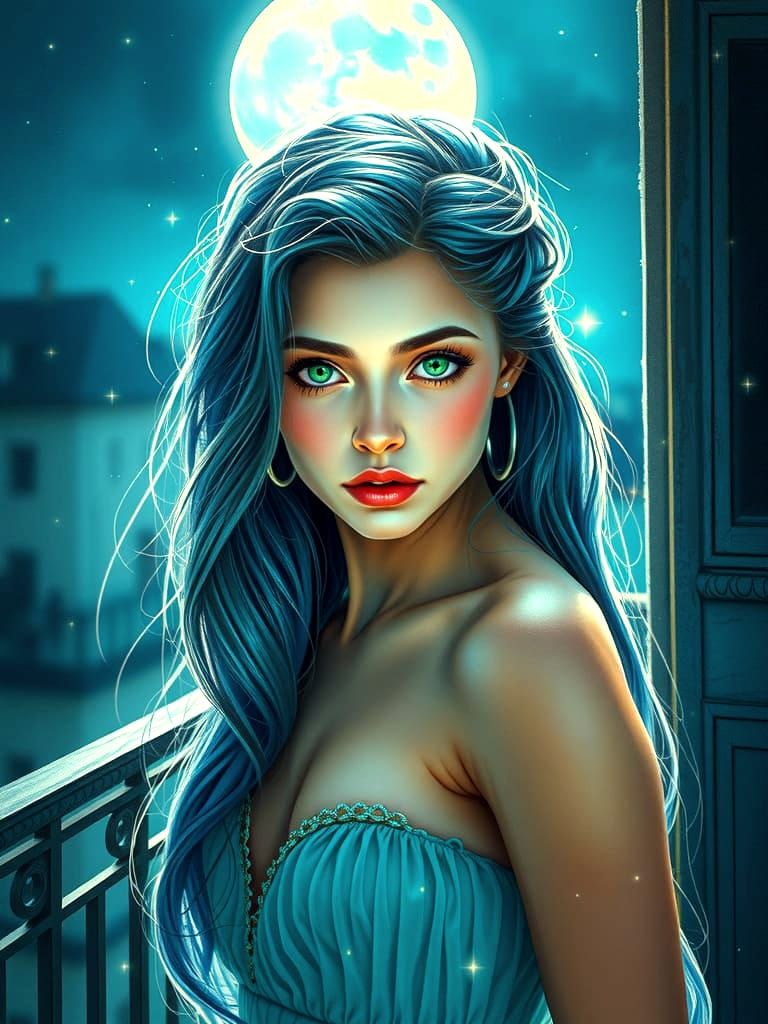 mysterious woman with blue hair and green eyes