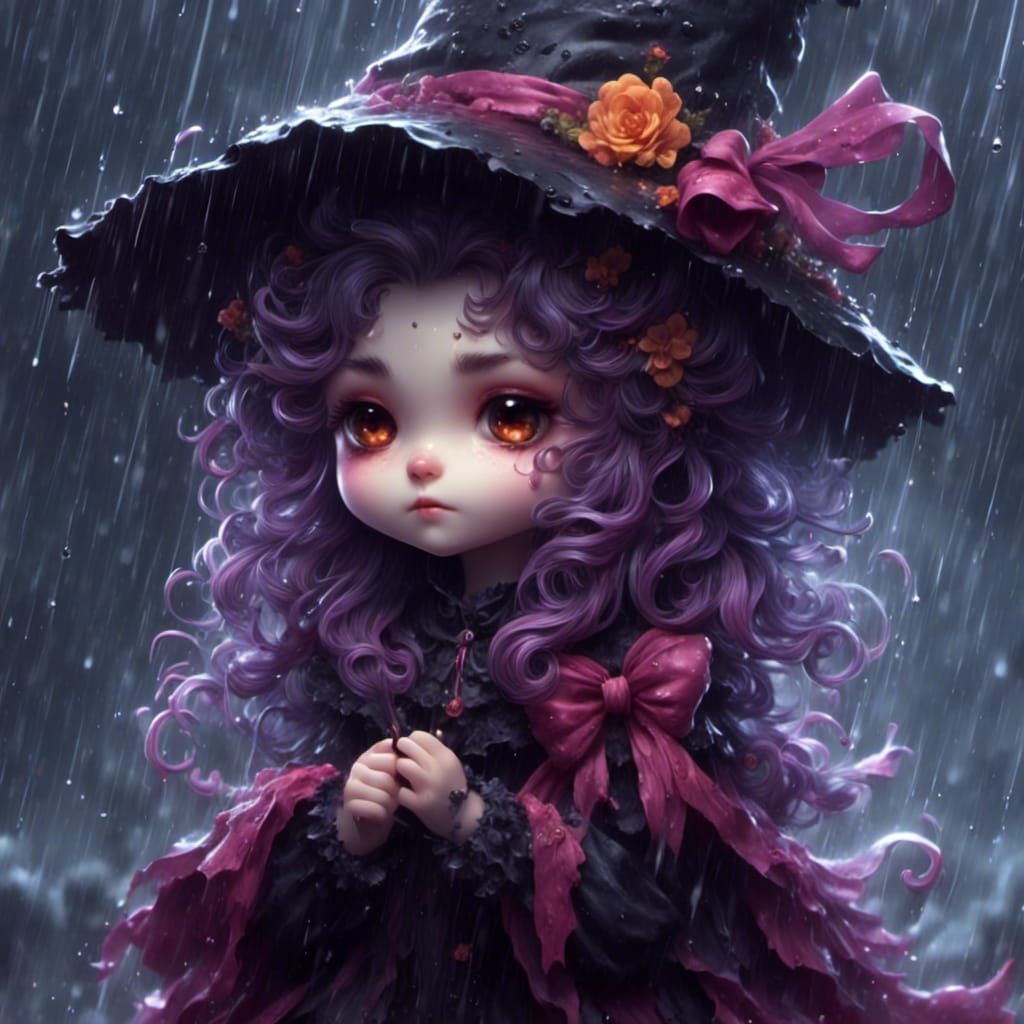 Chibi Witch in Downpour with Sparkle Effects