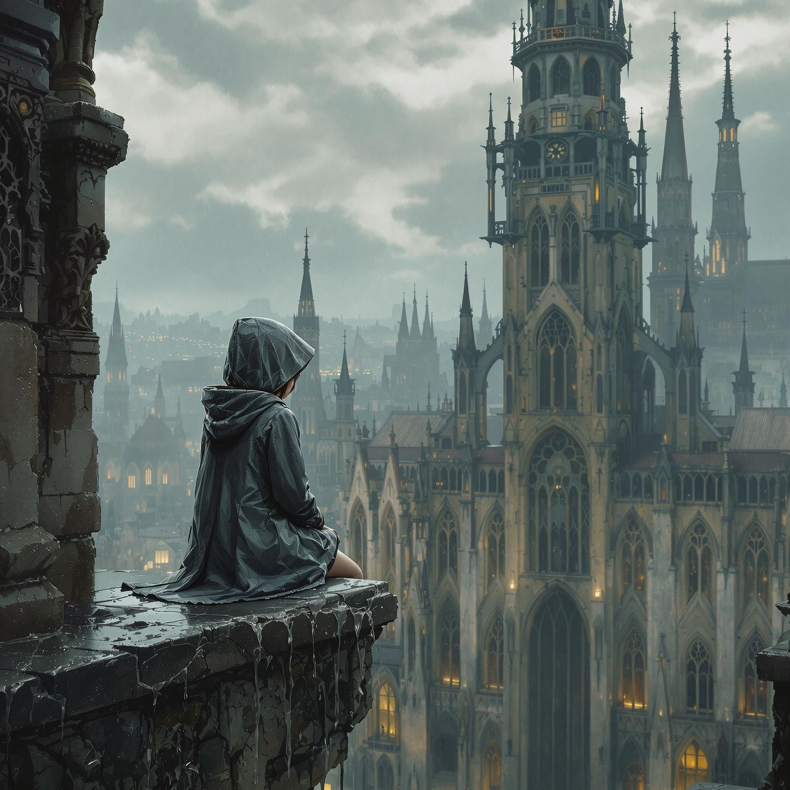 Girl in Rainy Cityscape: Matte Painting