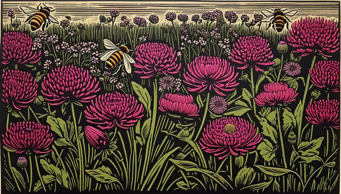 Honey Bees and Clover in Woodcut Style