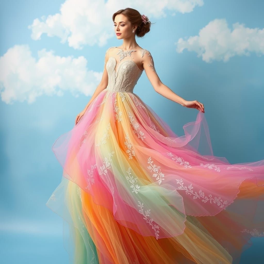 Whimsical Woman in Pastel Rainbow Gown with Sparkling Embroi...