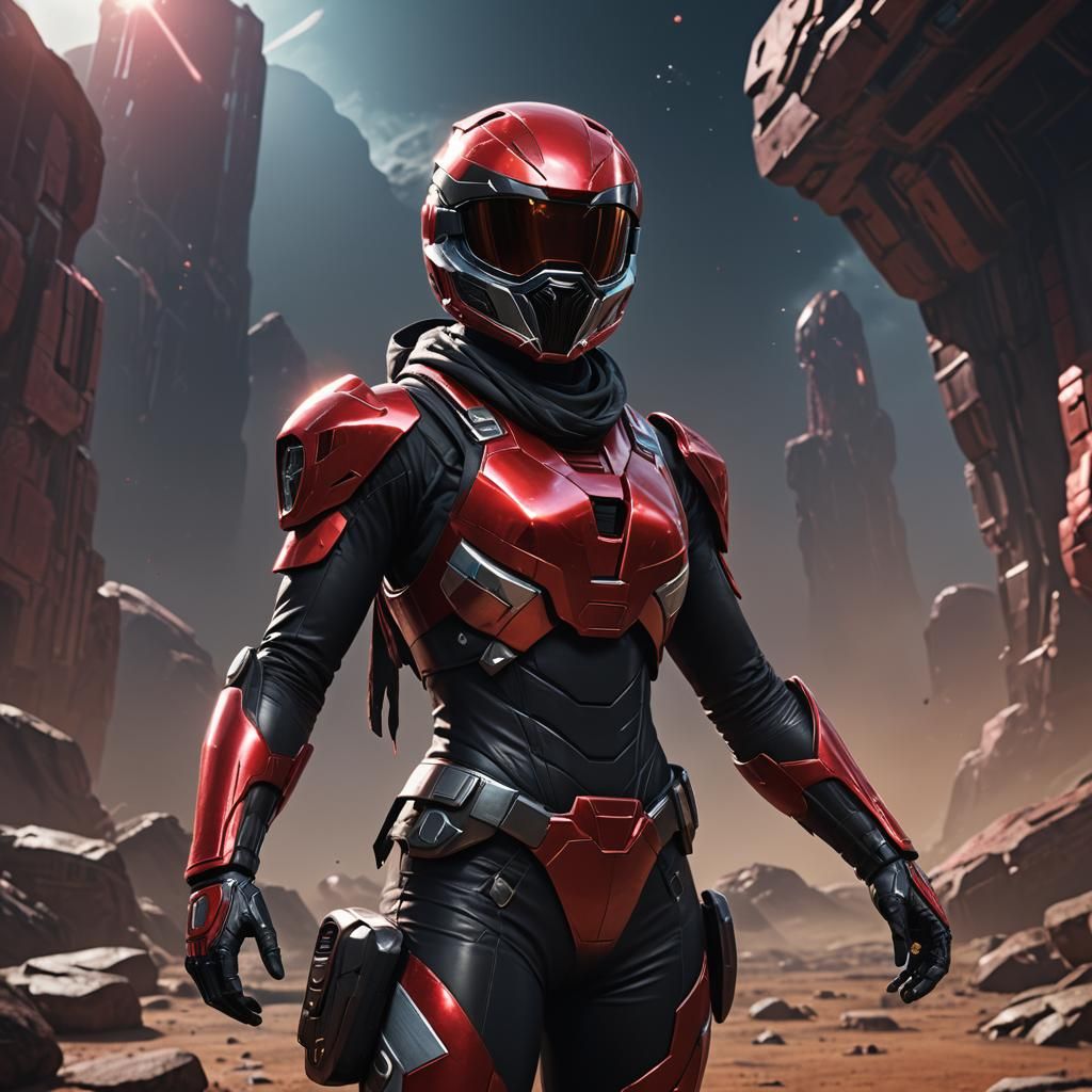Black Space Ranger in Crimson Suit: 3D Render