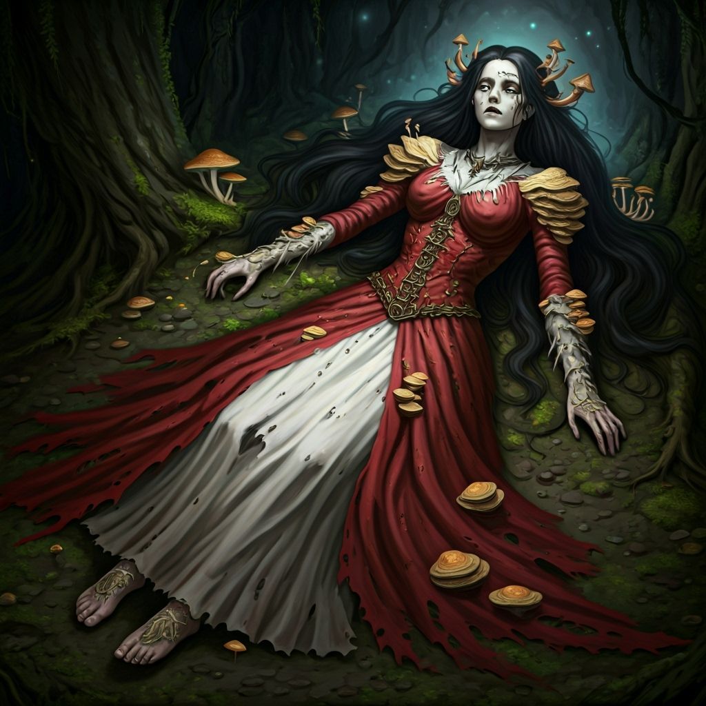 Deceased Woman Consumed by Fungi: Dark Fantasy Art
