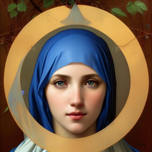 Virgin Mary Portrait with Crescent Moon in Art Nouveau Style