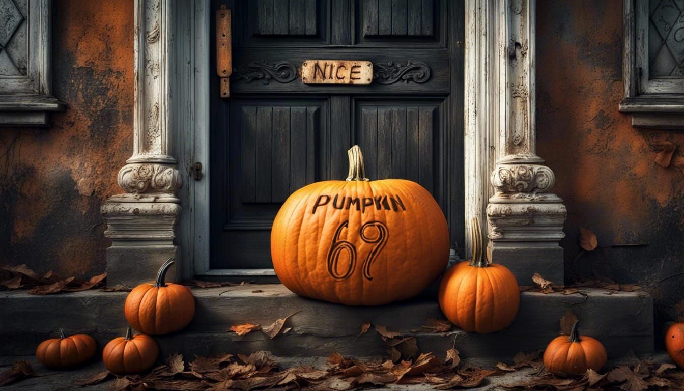 A pumpkin with the text "69" carved into it.