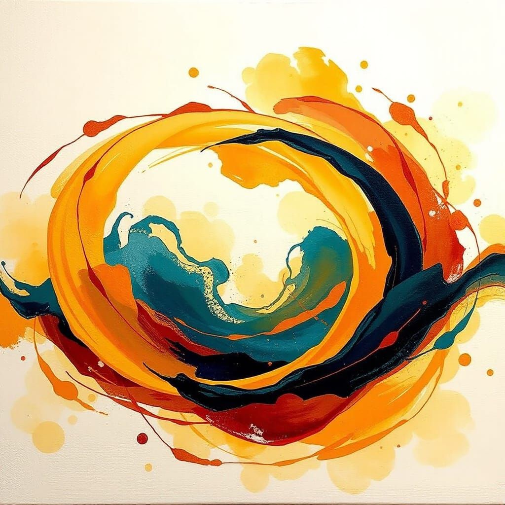Warm Amber and Deep Teal Abstract Painting with Elegant Wave...