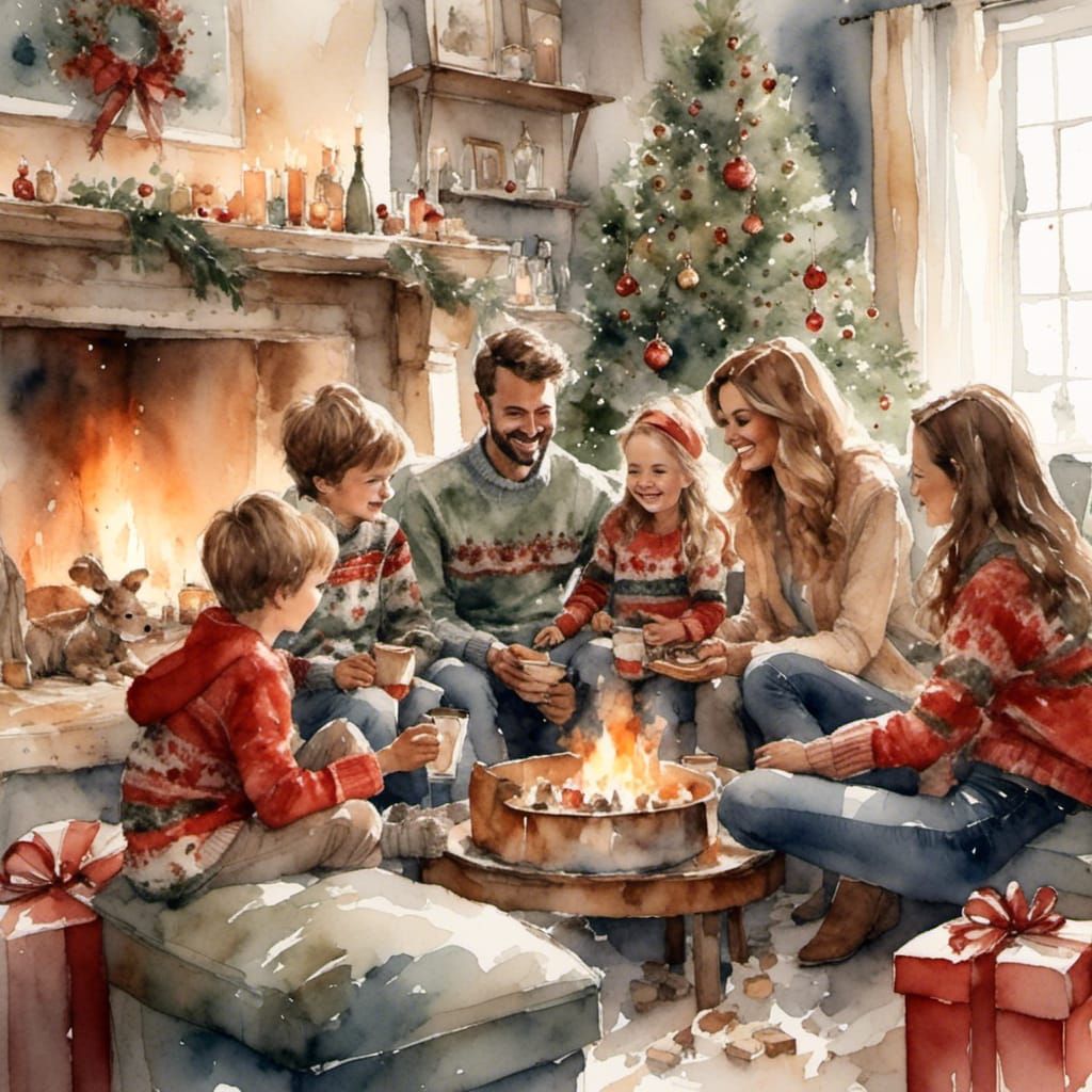 Cozy Christmas Fireside Family in Watercolor Style