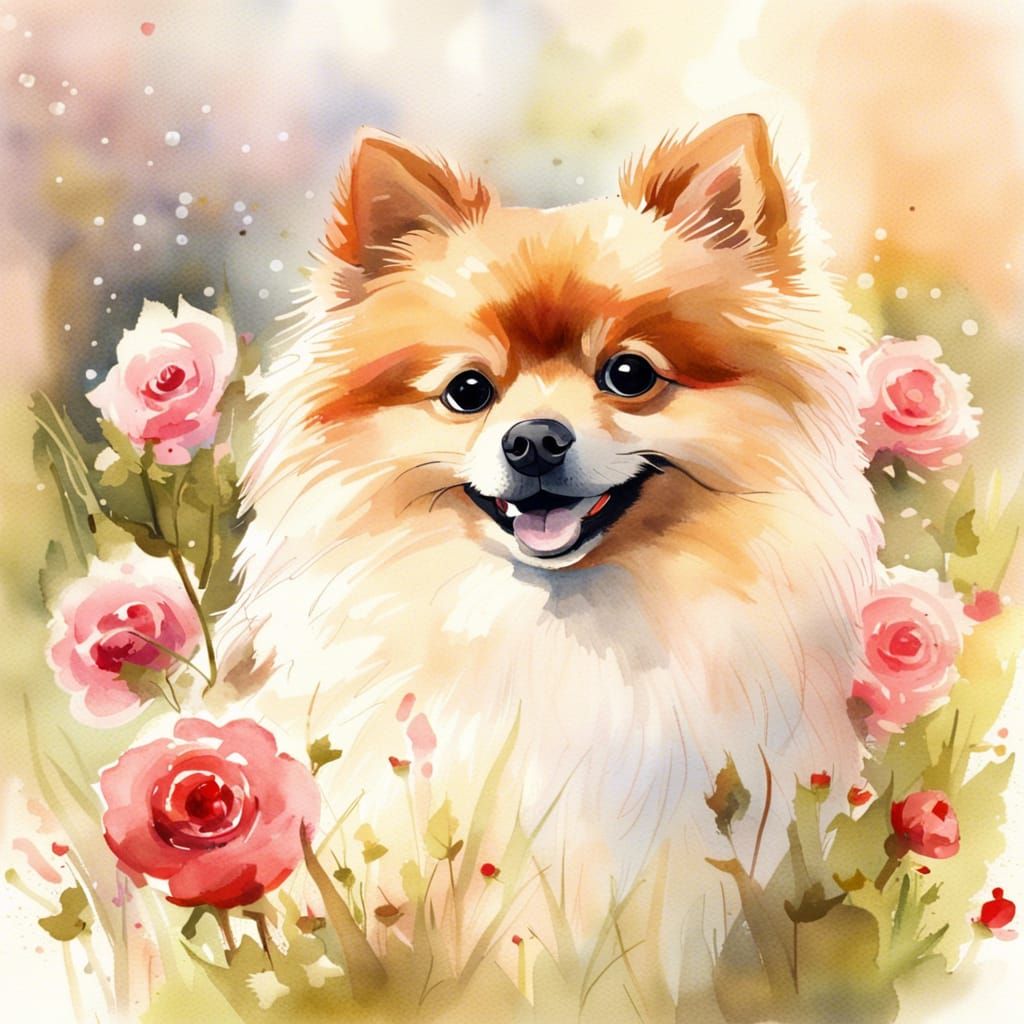 Pomeranian in Rose Garden, Watercolor Painting