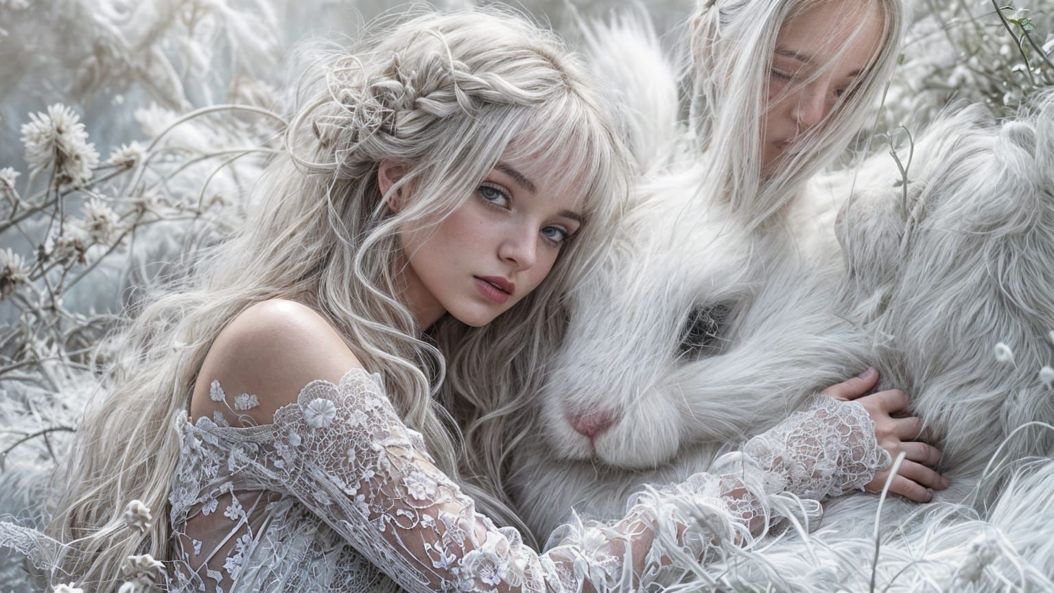 Ethereal Gothic Goddess with Easter Bunny in Dreamlike Lands...