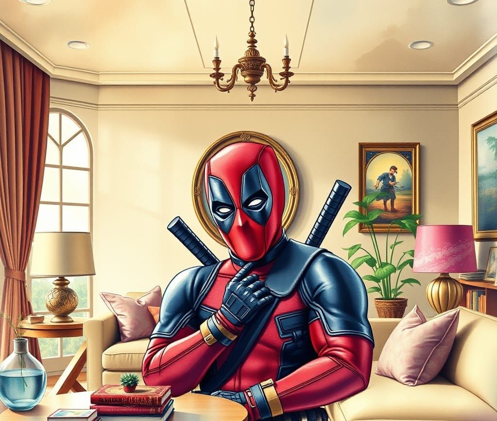 Deadpool in a Vintage Storybook Living Room