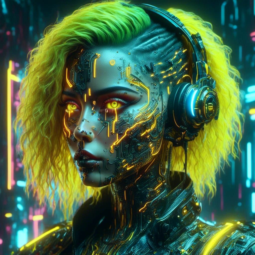 Young Woman with Robotic Limbs in Cyberpunk Style