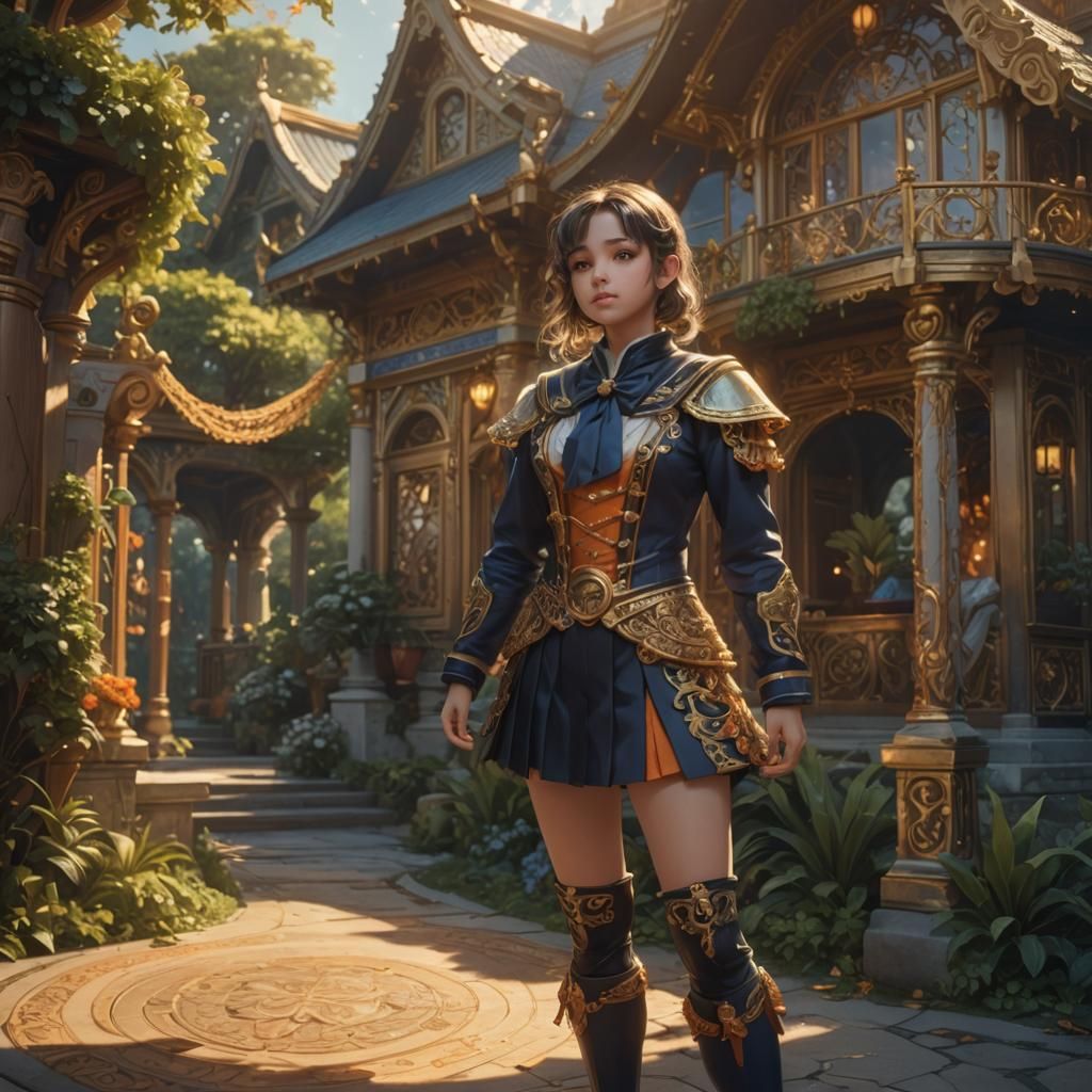 Cartoon Girl in Ornate Gazebo, Ghibli-Inspired Art