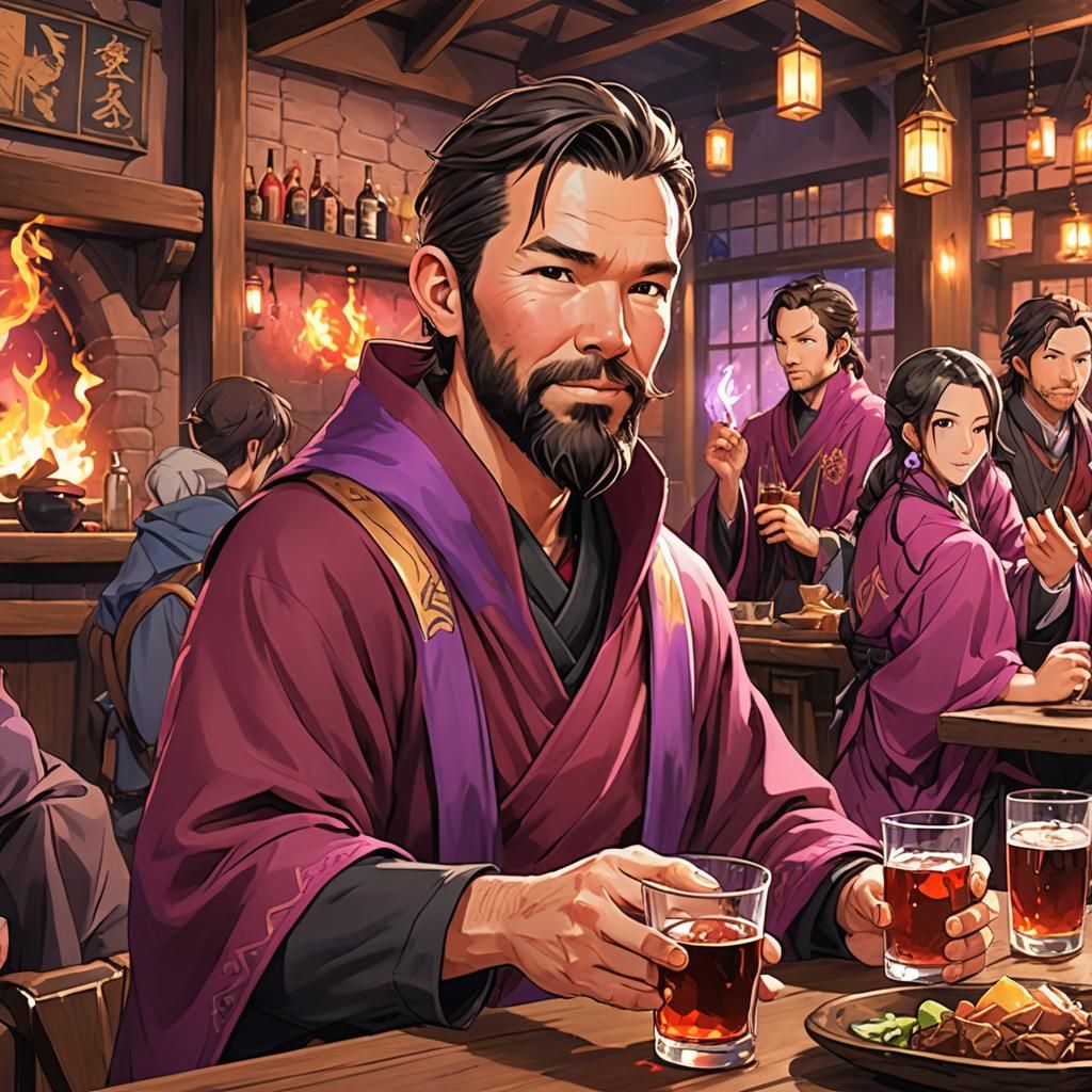 Young wizard Theo japanese anime style with fiery background, (Ricky Ponting); Undercut Man Bun haircut; Brown Beard; Ma...