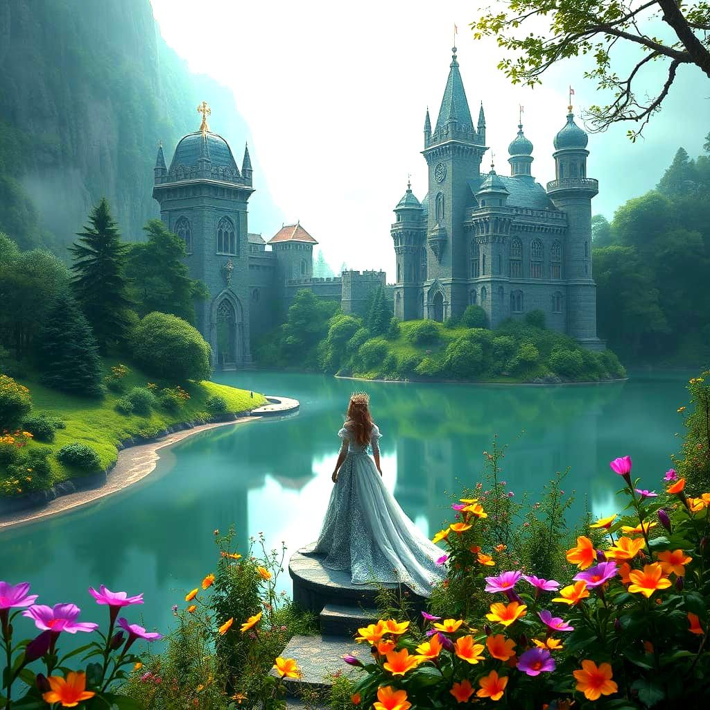 Majestic Princess on Lake's Shores in Dark Fantasy Style
