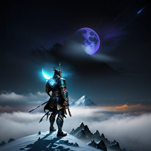 Samurai on Snowy Peak Under Twin Moons