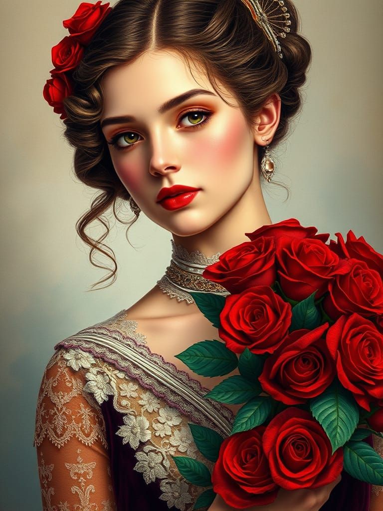 Elegant Victorian Beauty with Red Roses