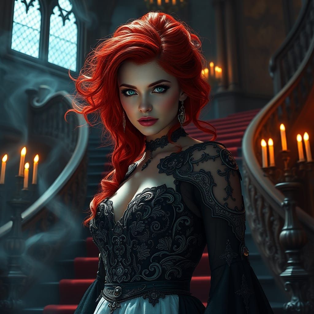 Redhead in Gothic Mansion, Fantasy Concept Art