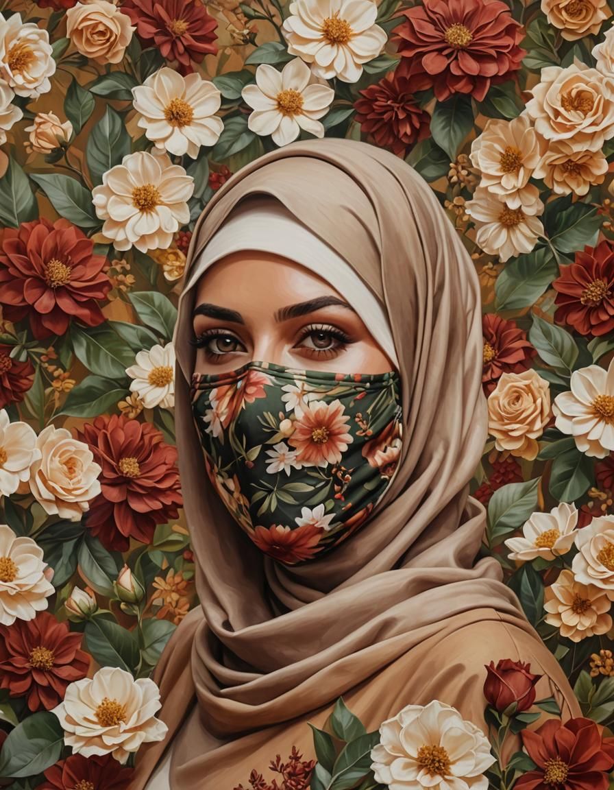 Oil Painting of Woman in Hijab with Facemask