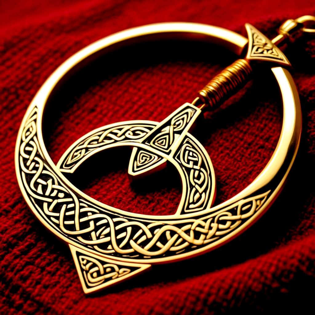 Gold Penannular Celtic Brooch on Red Wool