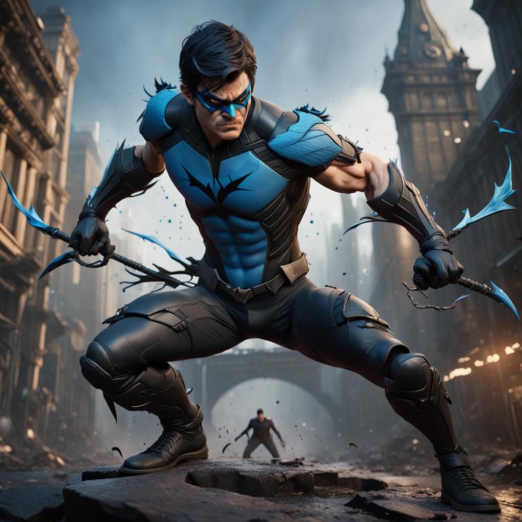 Nightwing Fighting Stance in Detailed Matte Painting
