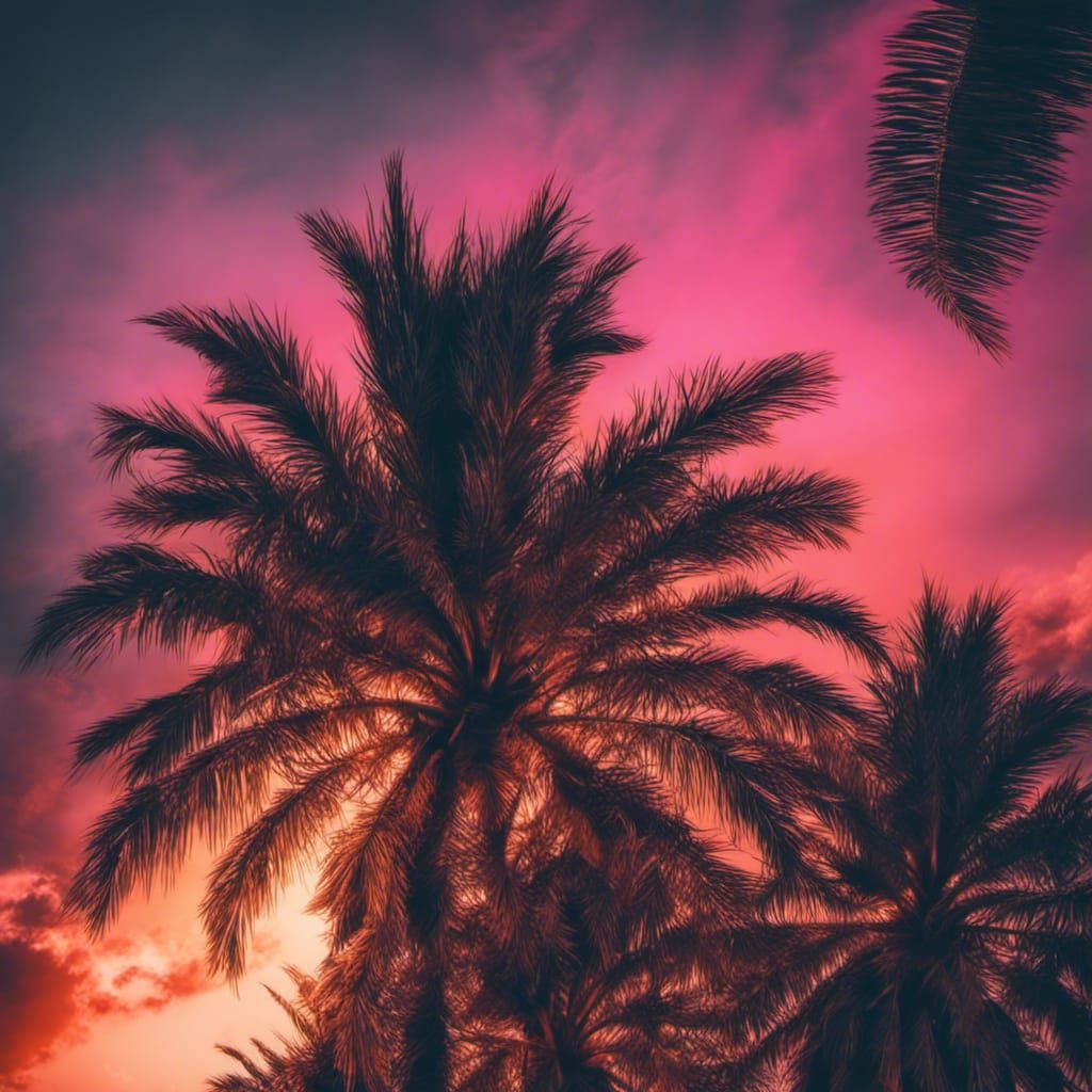 Neon Sunset Palm Tree in Hyperrealistic Style
