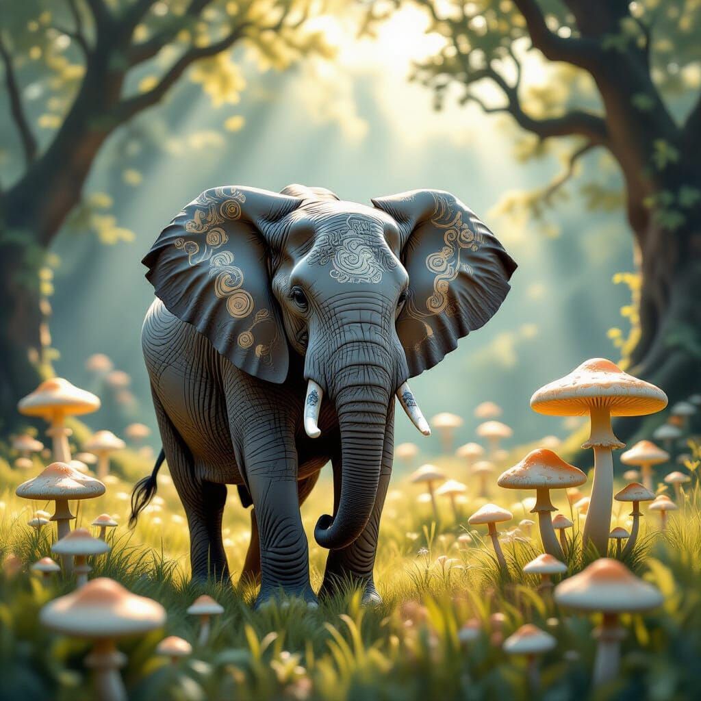 Elephant Among Luminous Mushrooms in Dreamlike Atmosphere