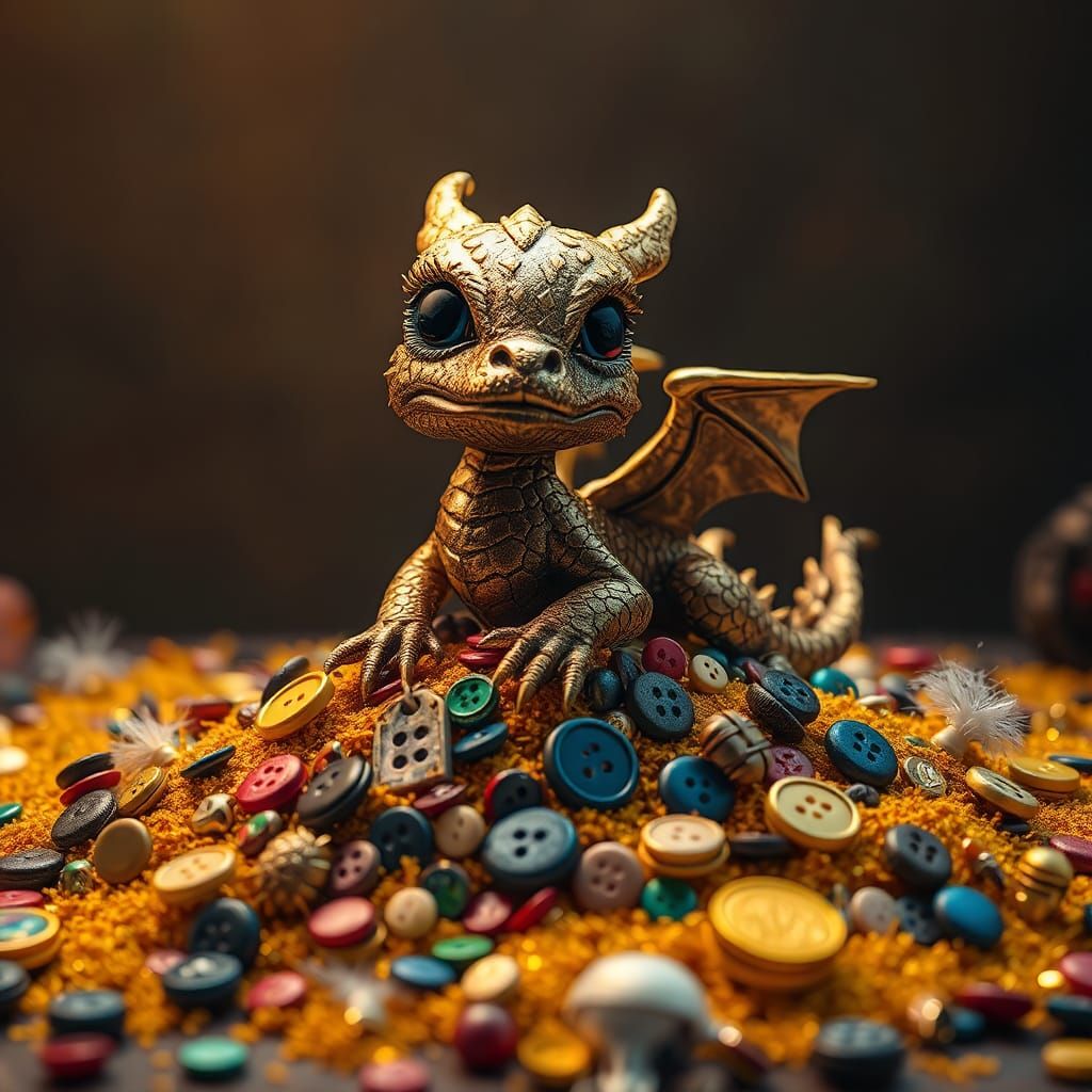 Adorable Brass Dragon on Golden Hoard, Digital Art