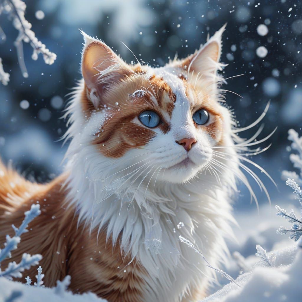Snowflake the Cat Plays in a Winter Wonderland