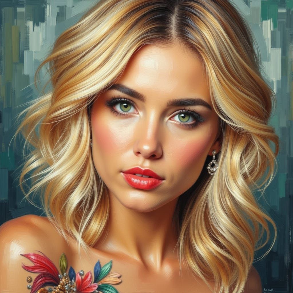 Happy Woman with Butterfly Tattoo in Impasto Style