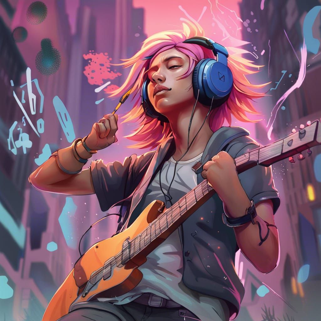 lofi boy with guitar and headphones