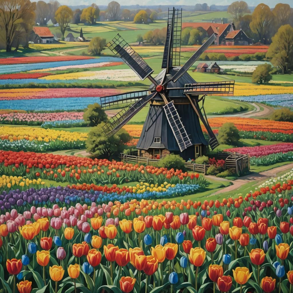 Dutch Windmill Among Colorful Tulips: A Luminist Painting