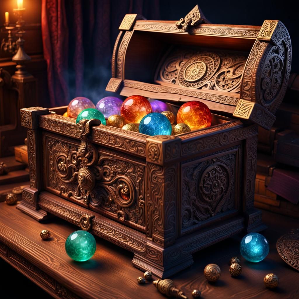Magic Chest with Crystal Balls in Hyperrealistic Style