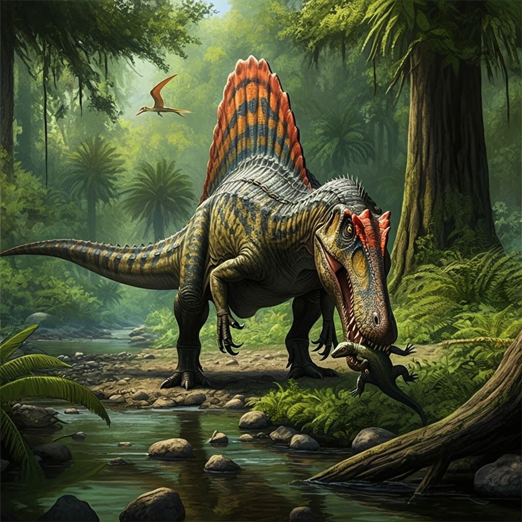 Spinosaurus Hunting Reptile in Exotic Jurassic Landscape