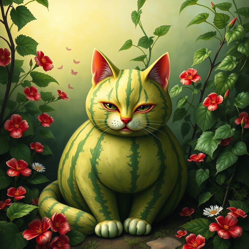 Whimsical Watermelon Cat in Italian Renaissance Style