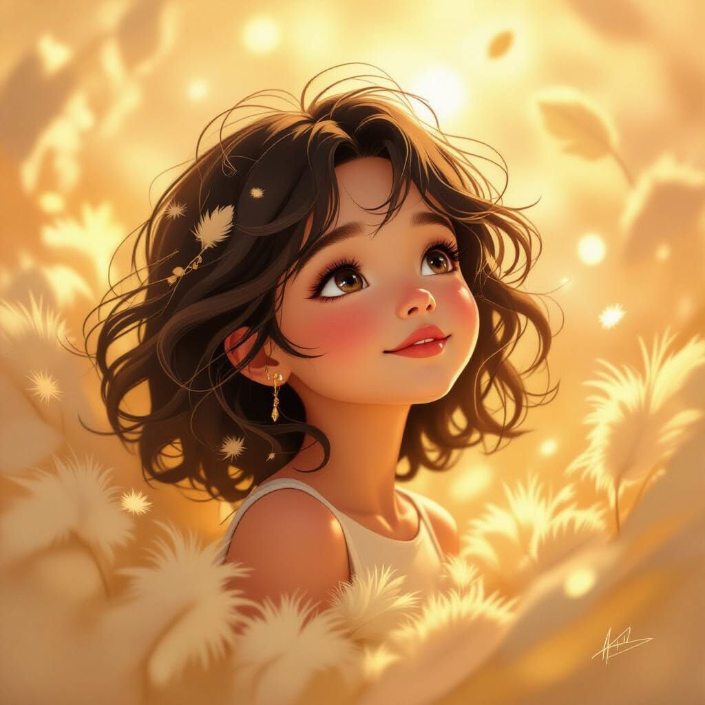 Dreamy Girl in Golden Light with Feathery Textures