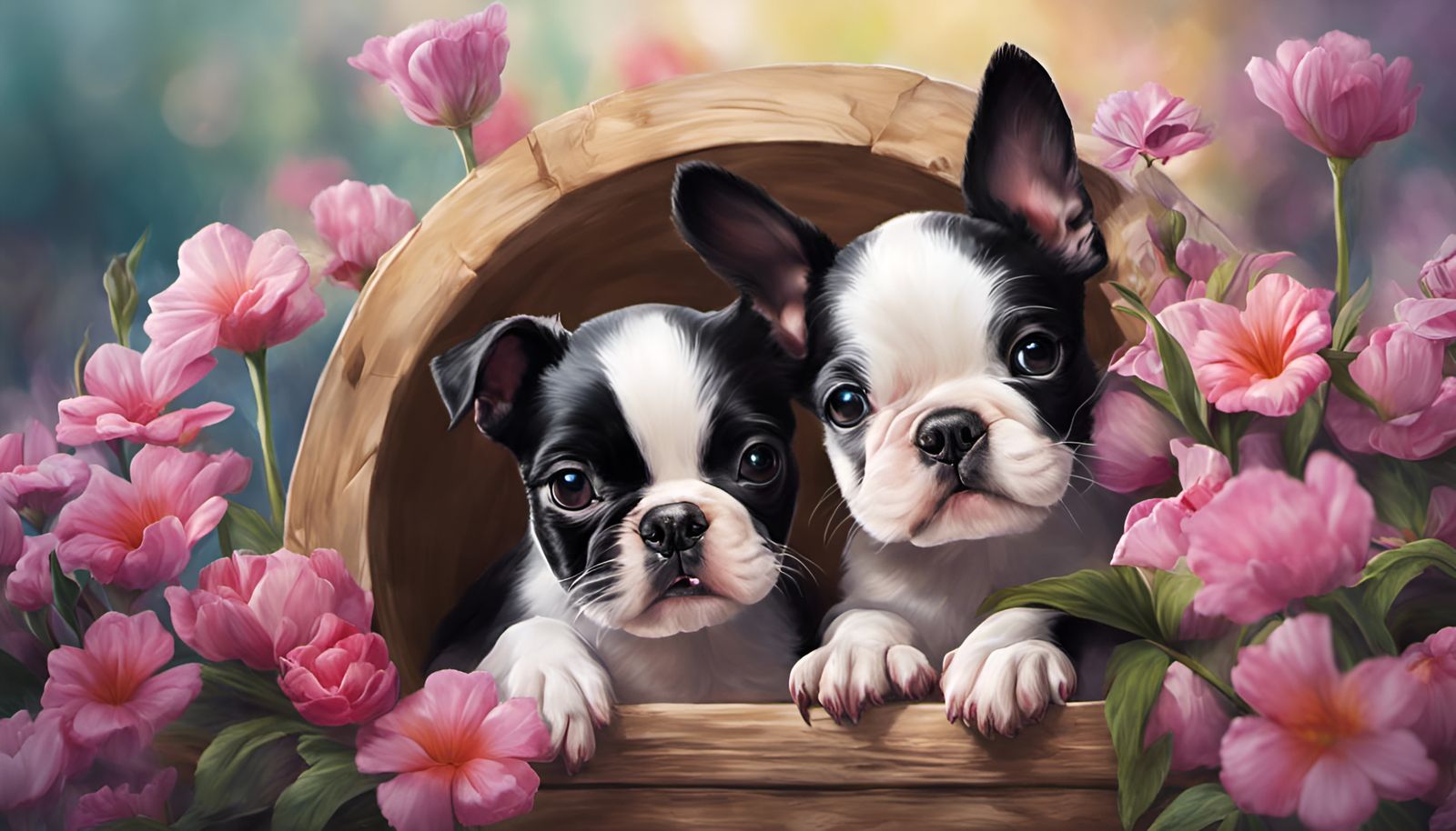 Boston Terrier Puppies with Spring Flowers, Graffiti Art